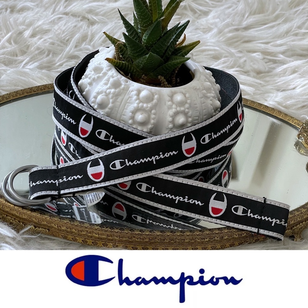 Champion heavily branded athletic belt, black w/ white/red logo, double rings